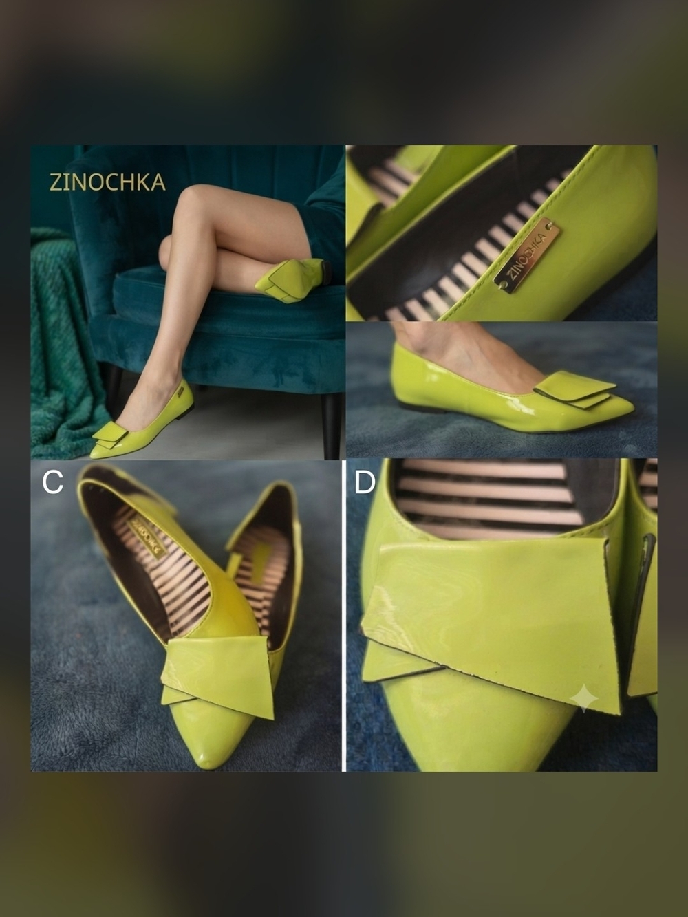 Zinochka Lime Green Pointed Ballet Flats with Decorative Bow